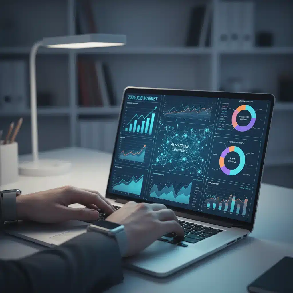 Hands typing on a laptop, displaying data analysis and AI concepts.