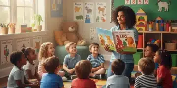 Children engaged in early literacy activities with a teacher