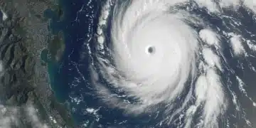 Satellite view of a powerful hurricane over the Atlantic, forecasting an active 2026 hurricane season.