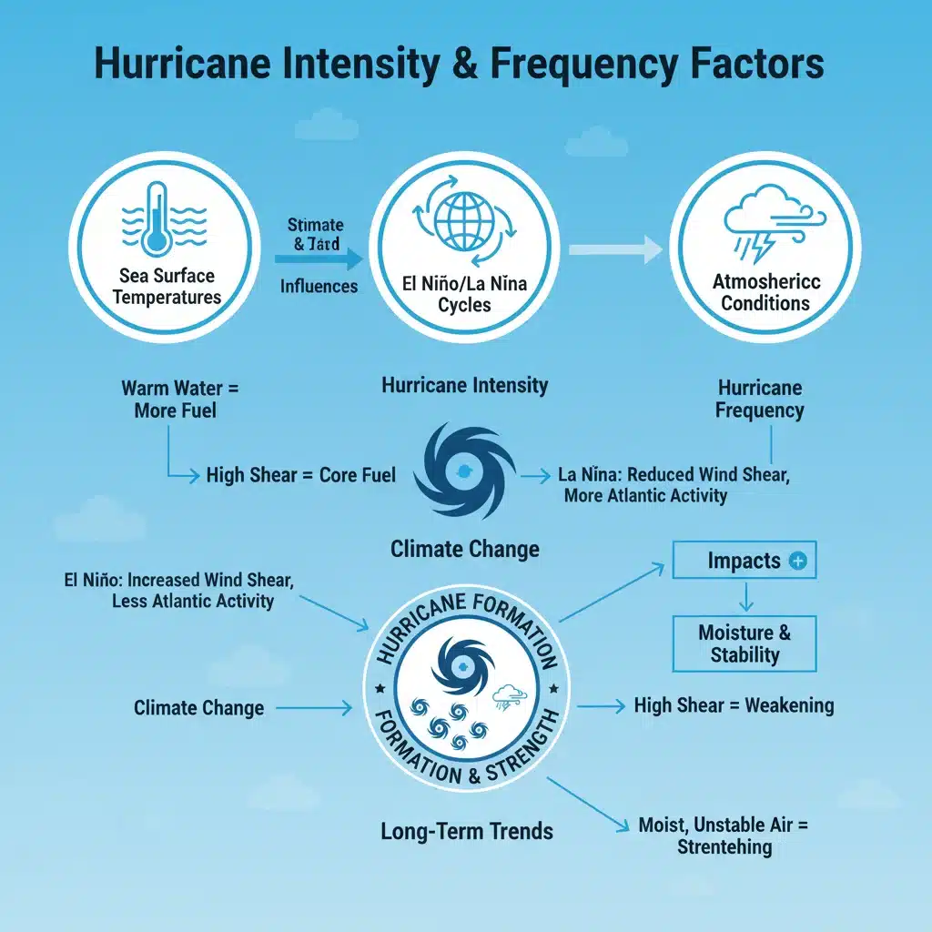 Infographic showing factors influencing hurricane intensity and frequency.