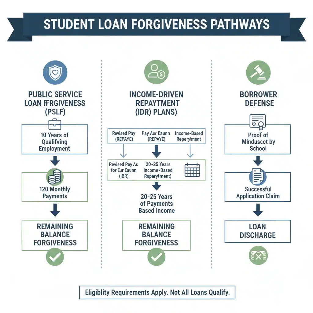 Infographic showing student loan forgiveness pathways and eligibility