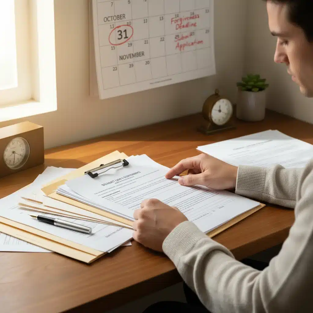 Person organizing financial documents for loan forgiveness application