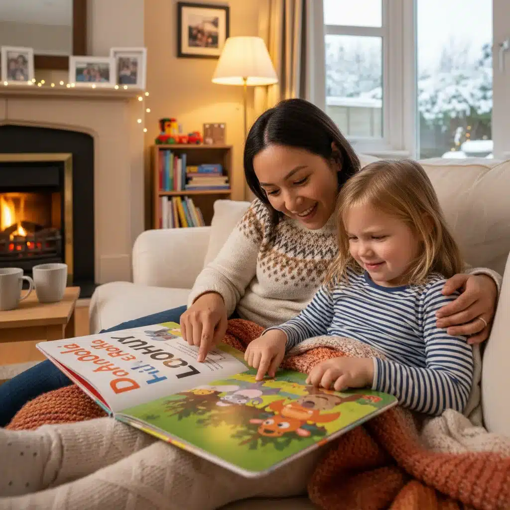 Parent and child reading together, pointing at words