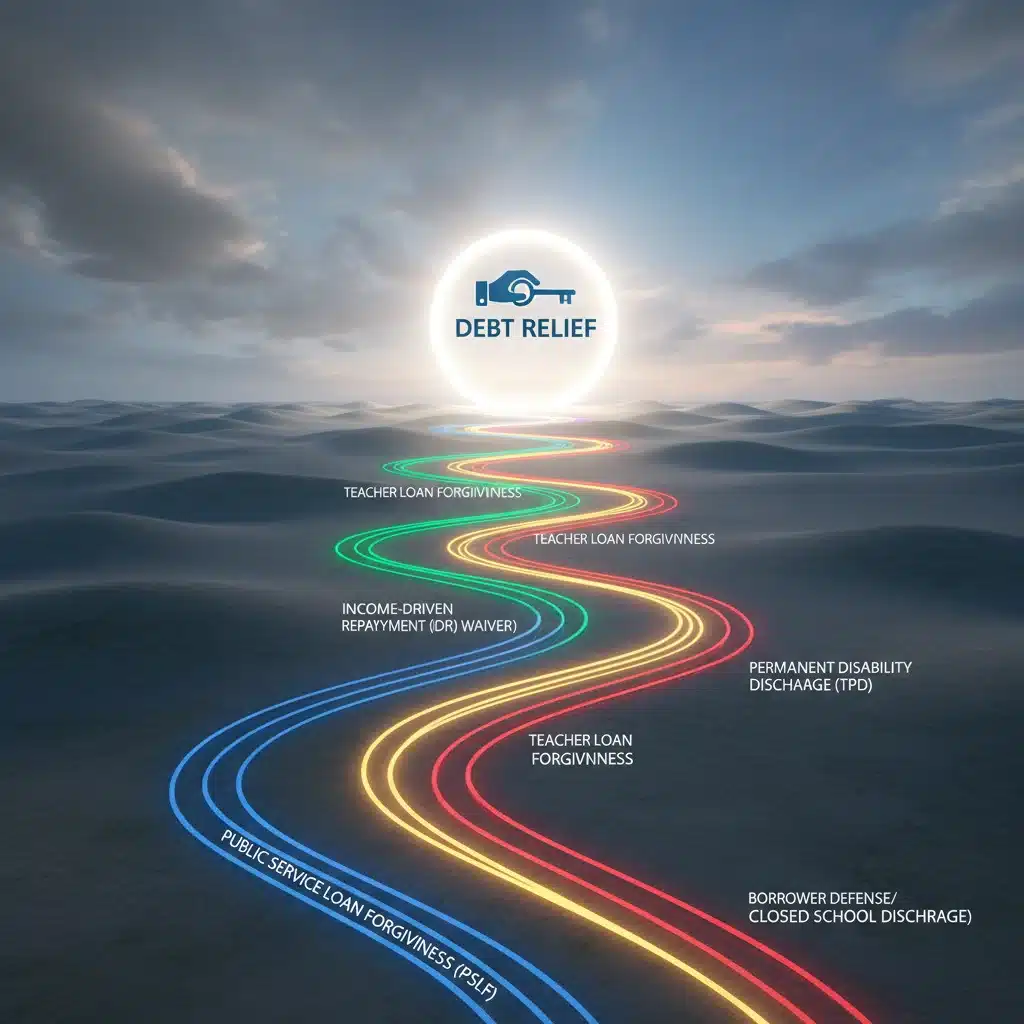 Infographic showing multiple paths to student loan forgiveness and debt relief.