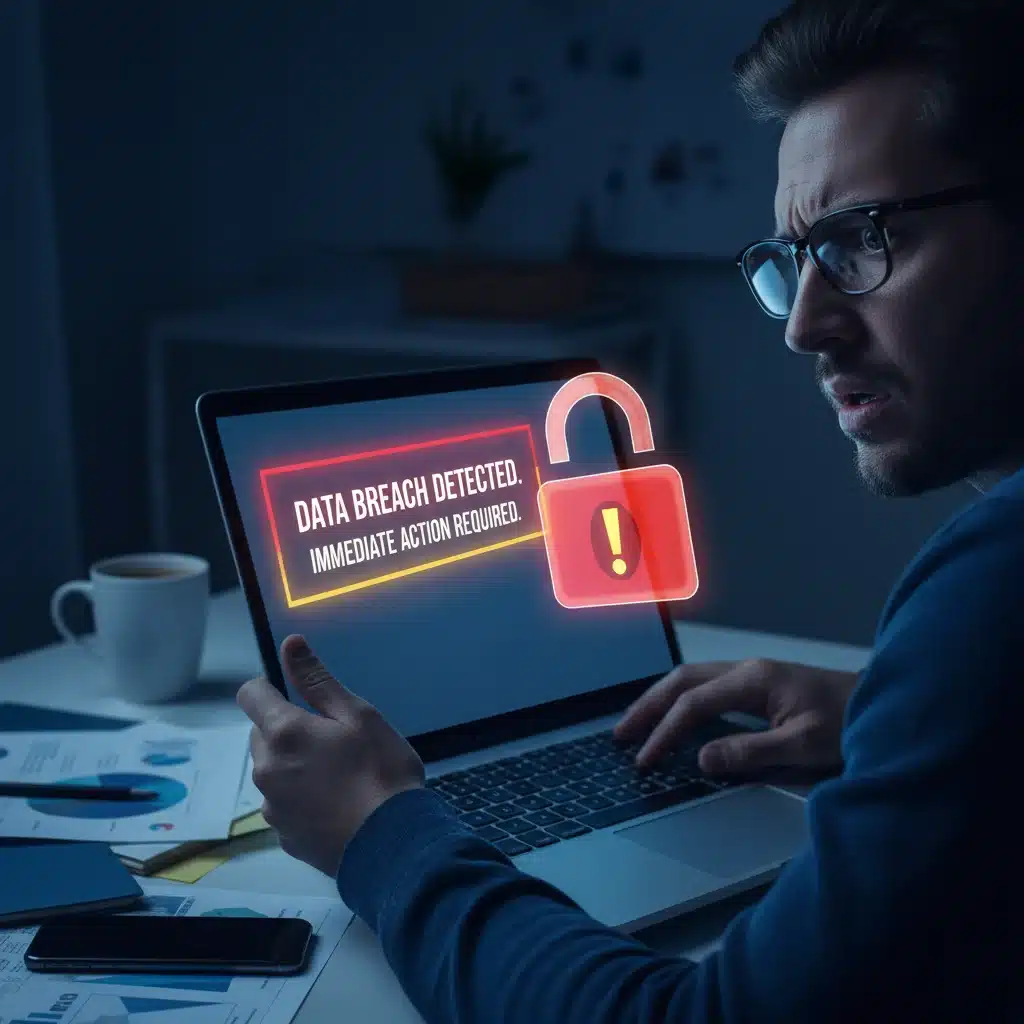 Person concerned about cybersecurity alert on laptop after data breach