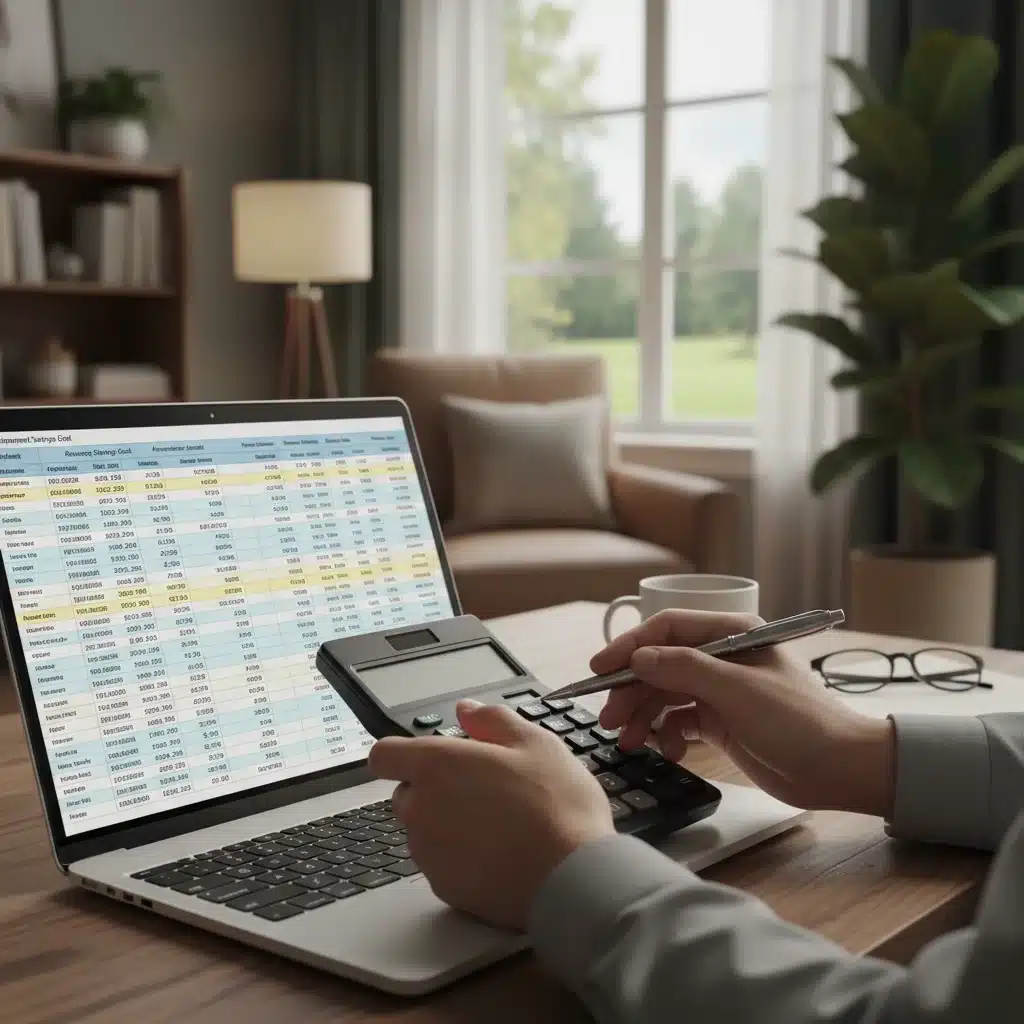 Hands calculating retirement savings and future financial projections.