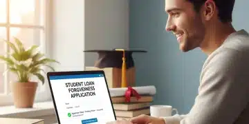 Student reviews loan forgiveness application on laptop
