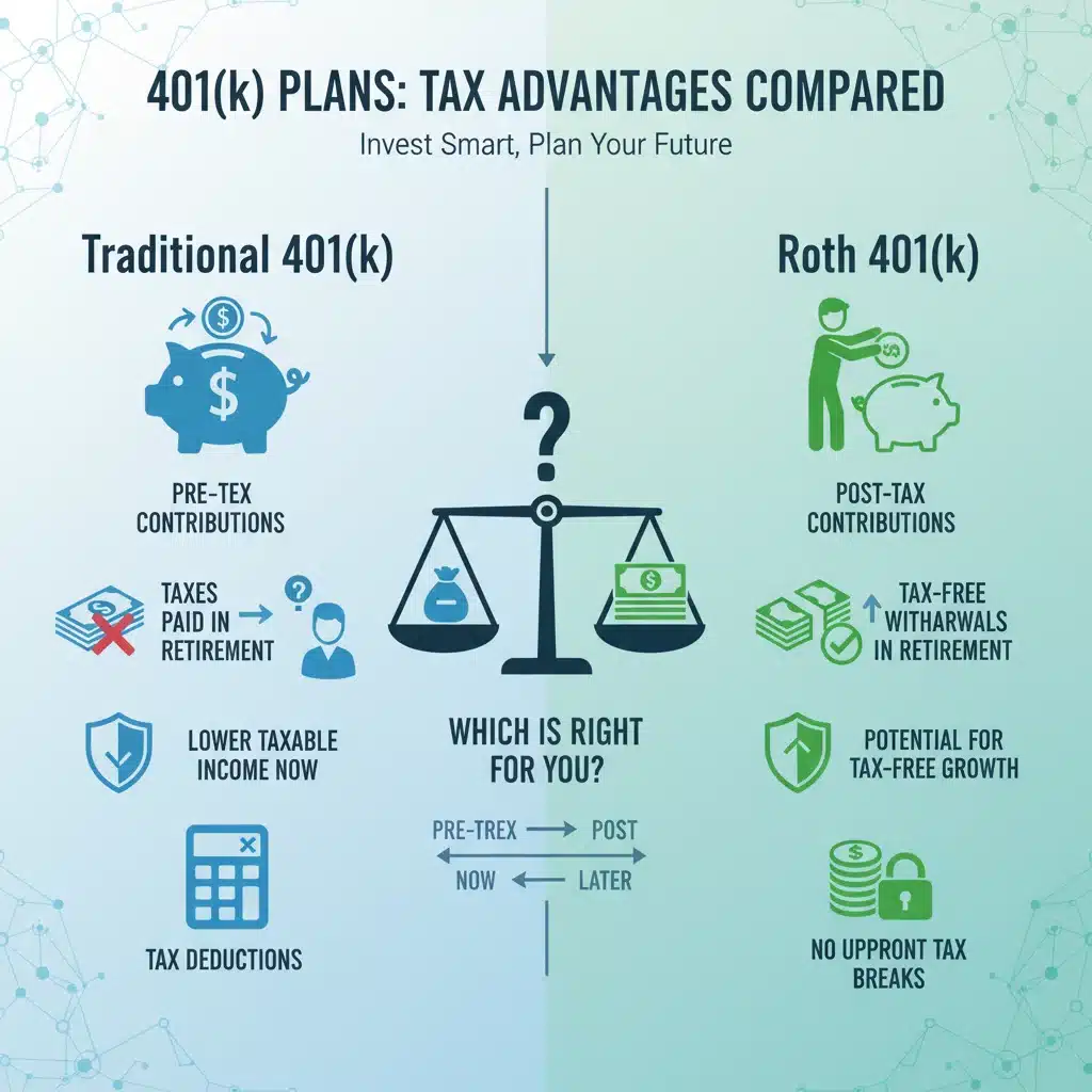 Infographic comparing Traditional vs. Roth 401(k) plans and their tax benefits.