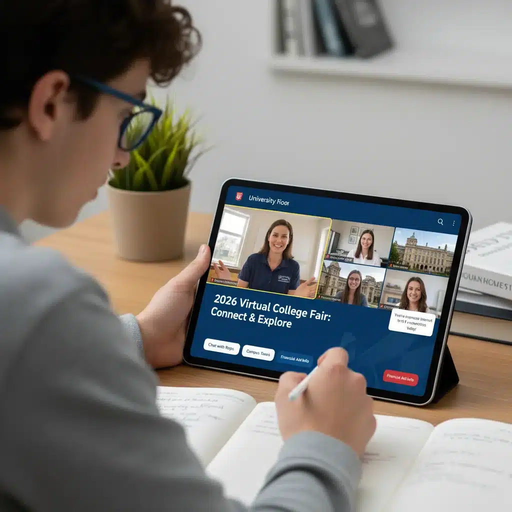 Student attending virtual college fair on tablet