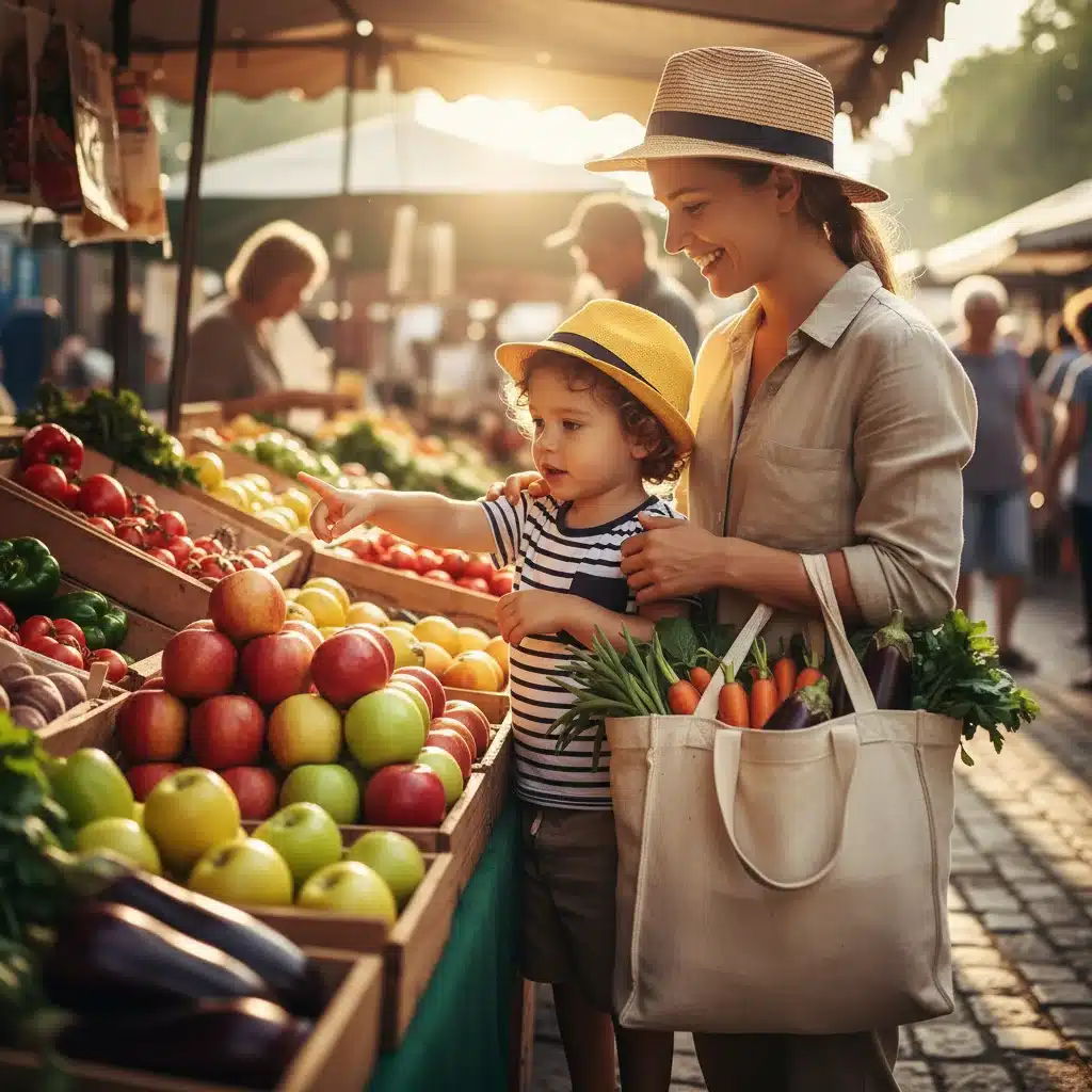 Parent and child happily choosing fresh produce at a farmers market.