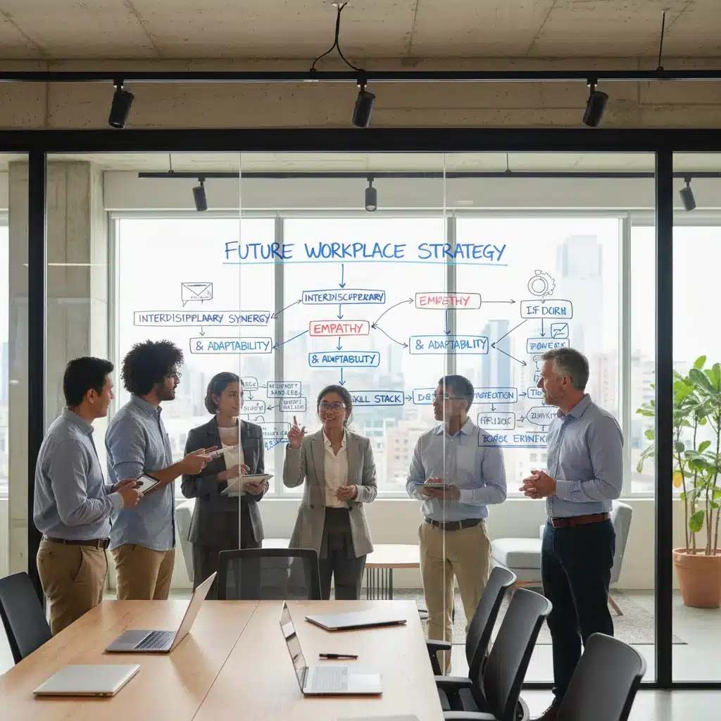 Diverse professionals collaborating in an office, discussing strategic plans.